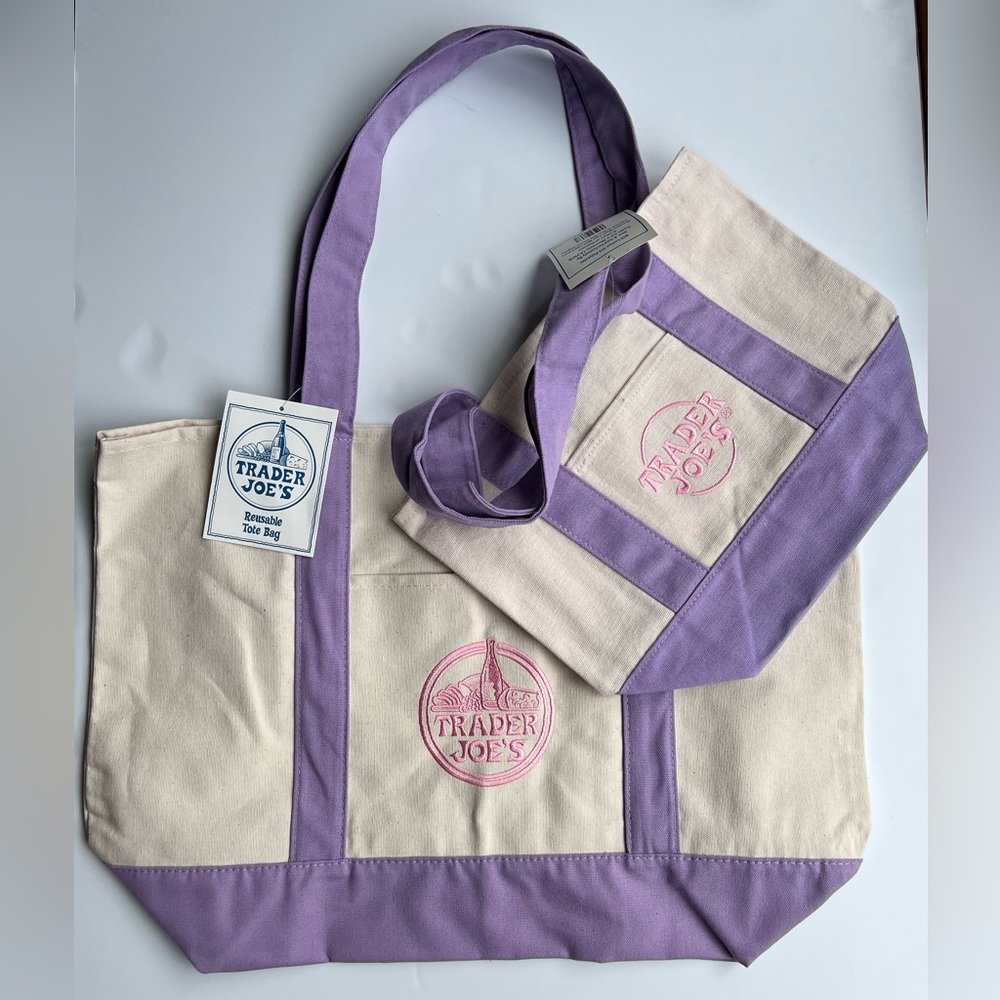 Trader Joe’s Cream and Lavender Purple Canvas Tote Bag Bundle Large & Mini